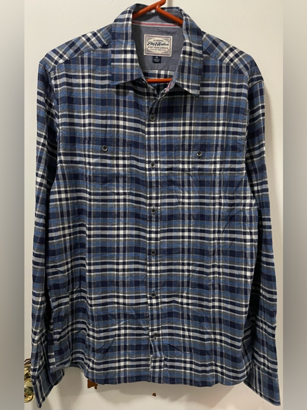 Flag & Anthem Men’s Plaid Button-Up Long Sleeve Shirt Navy Blue White Medium M